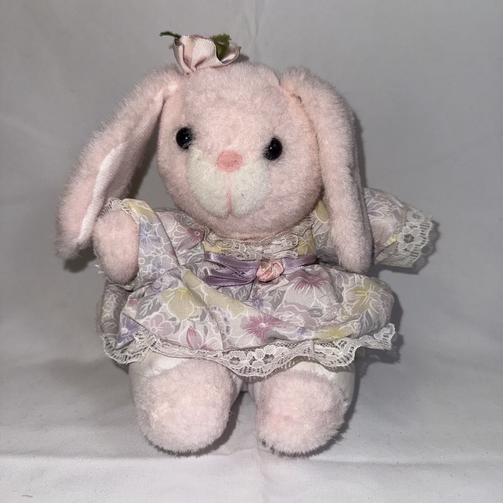 Vintage Anco Stuffed pink Bunny Rabbit, Plush floral dress